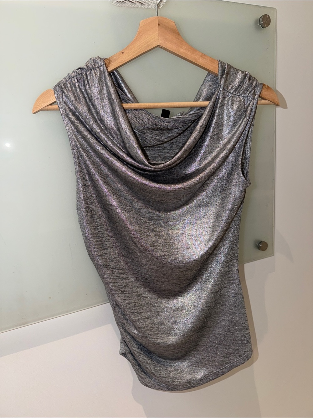 White House Black Market Metallic Silver Draped Cowl Neck Sleeveless Top